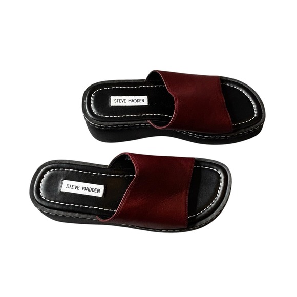 Steve Madden Clog Slip Ons Size 9 Burgundy Leather Upper Open Toe - Picture 9 of 11
